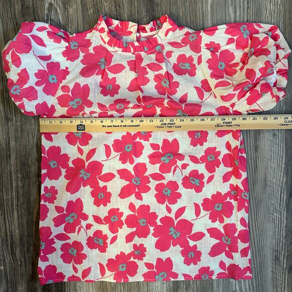 Boutique Style Floral‎ Puff Sleeve Blouse Ruffled Neck Pink Preppy- Size M - Picture 7 of 9